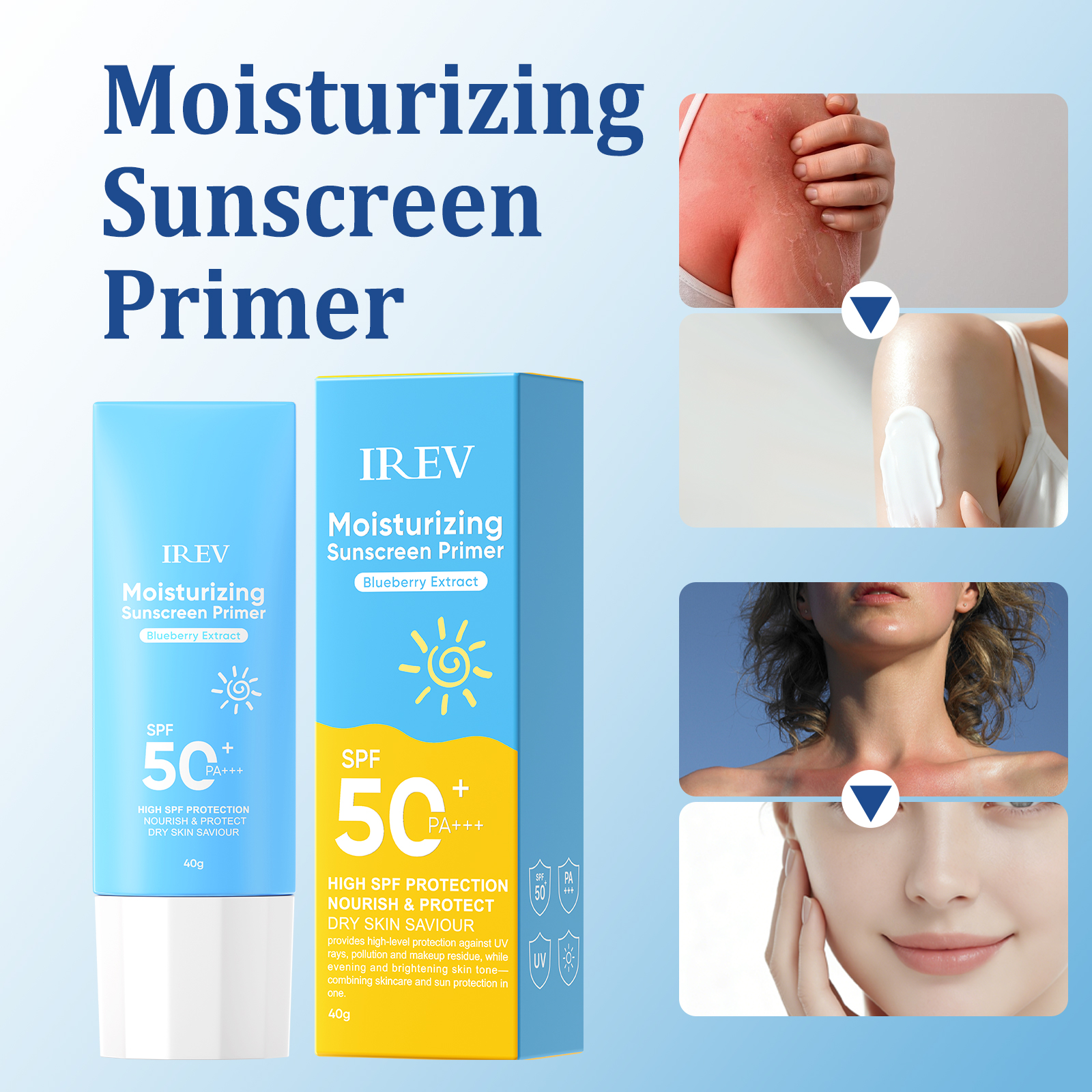 LREV OEM Organic Blueberry Moisturizing Isolation Sunscreen SPF50+ PA+++ Bilberry Fruit Extract UV Protection Waterproof Cream