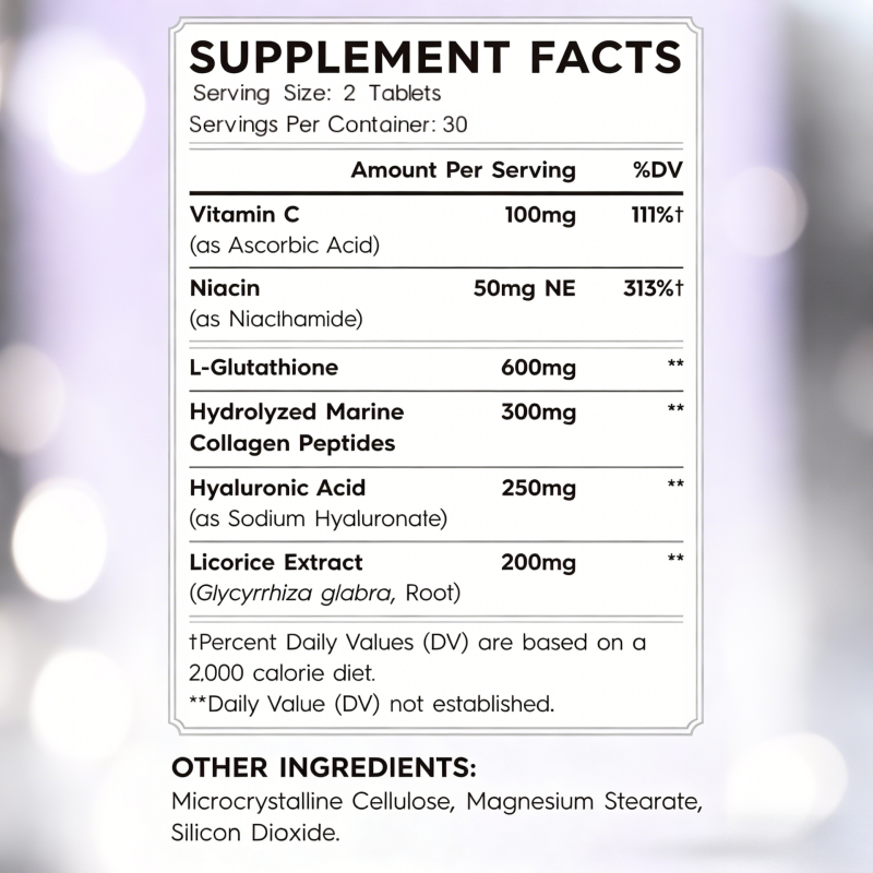 Customize Formula Glutathione Niacin VC Hyaluronic Acid Tablets Natural Antioxidant Beauty Product Brighten Skin Radiate Tone