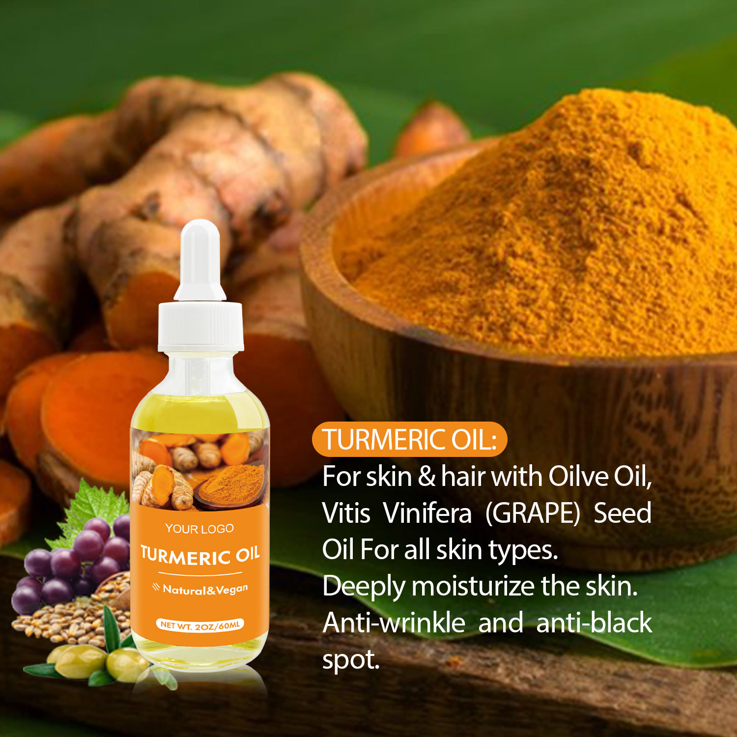 2oz (60ml) Private Label Turmeric Facial Serum Moisturizing Body Hair Oil Brightening Skin Pore Shrinking Main Olive Oil