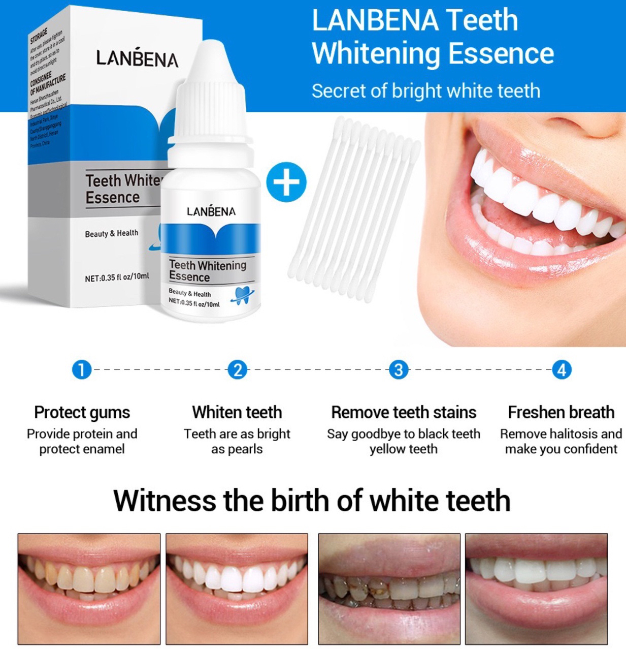 LANBENA Herbal Ingredients Oral Care Tooth Whitening Stain Removal Brighten Odor Reduce Teeth Whitening Essence Serum