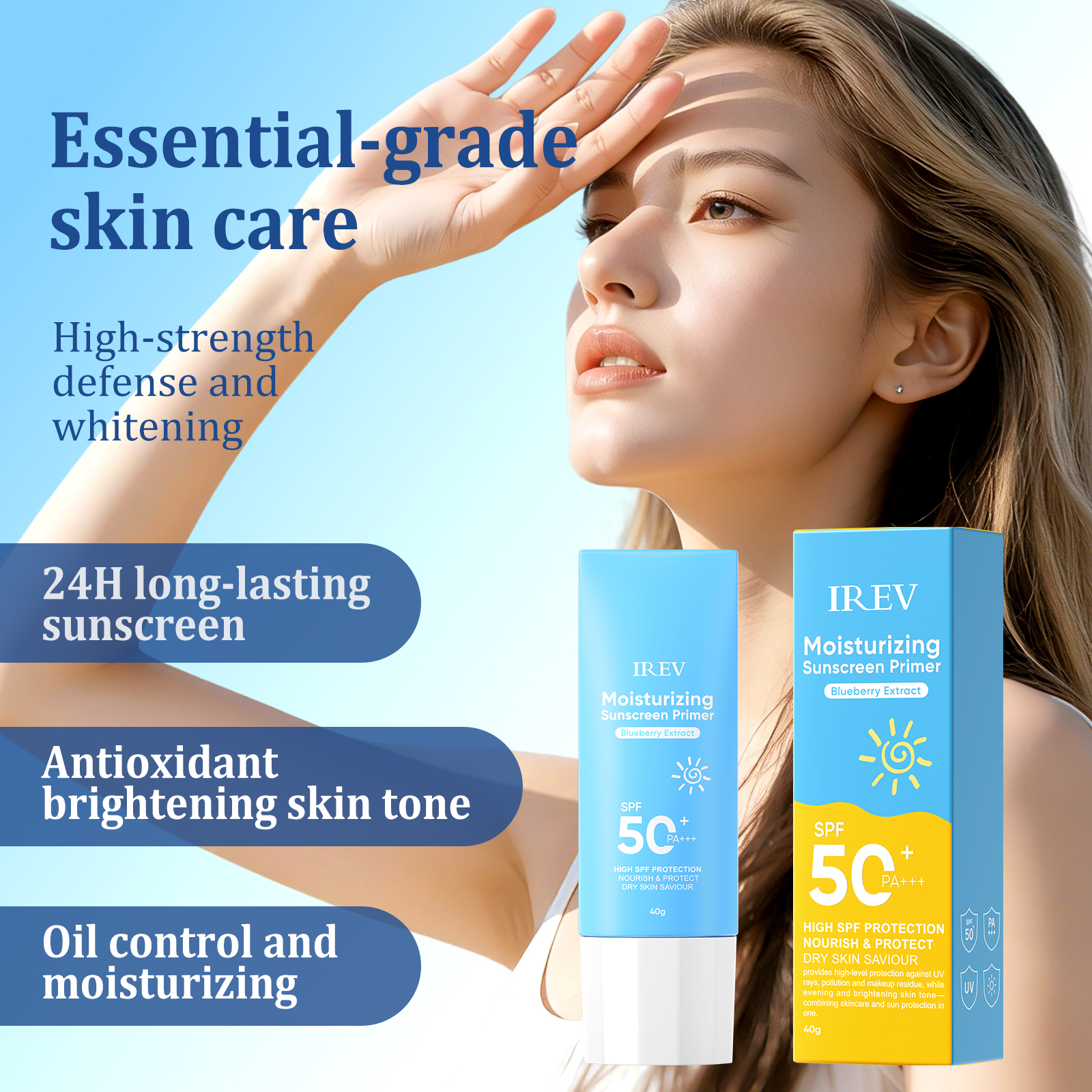 LREV OEM Organic Blueberry Moisturizing Isolation Sunscreen SPF50+ PA+++ Bilberry Fruit Extract UV Protection Waterproof Cream