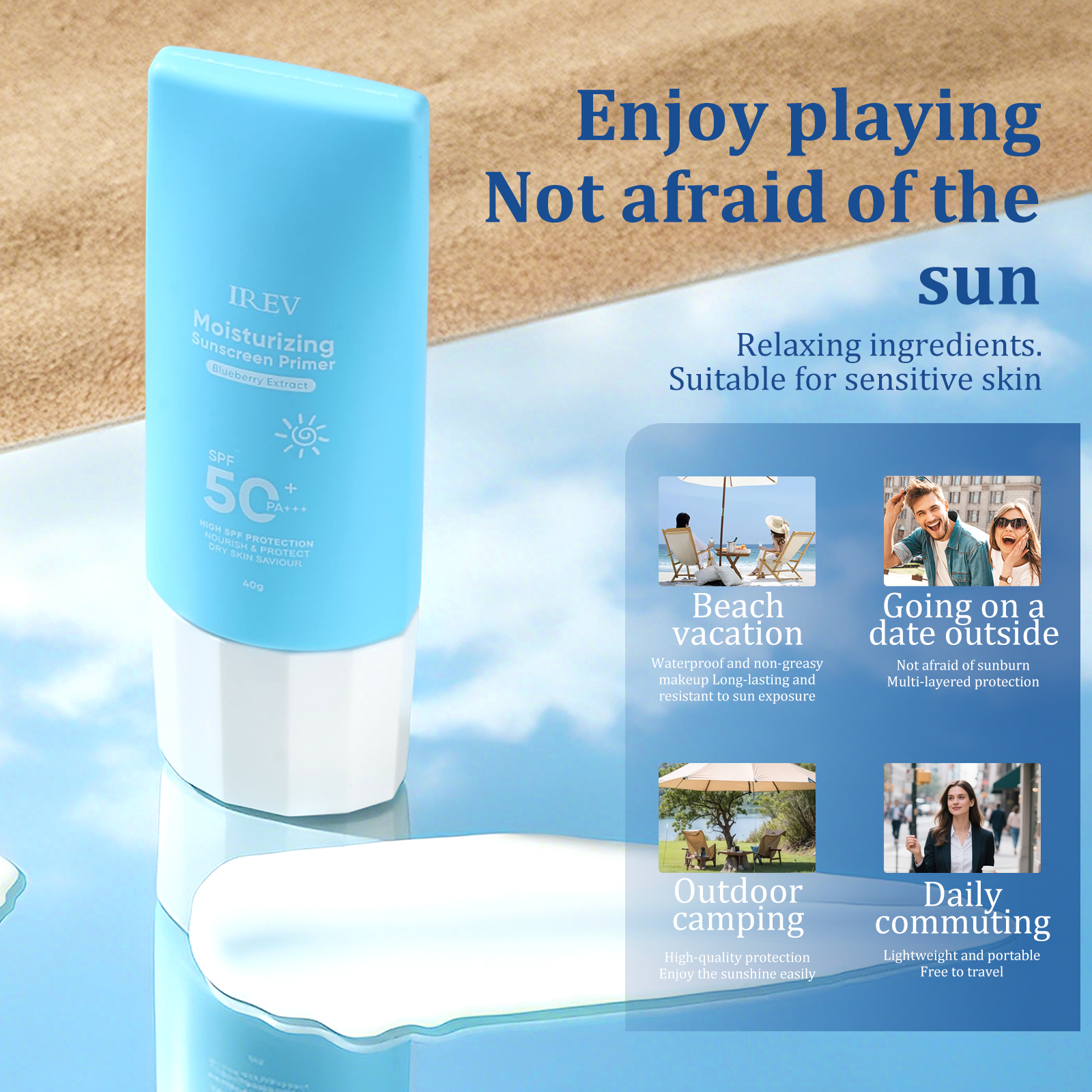 LREV OEM Organic Blueberry Moisturizing Isolation Sunscreen SPF50+ PA+++ Bilberry Fruit Extract UV Protection Waterproof Cream