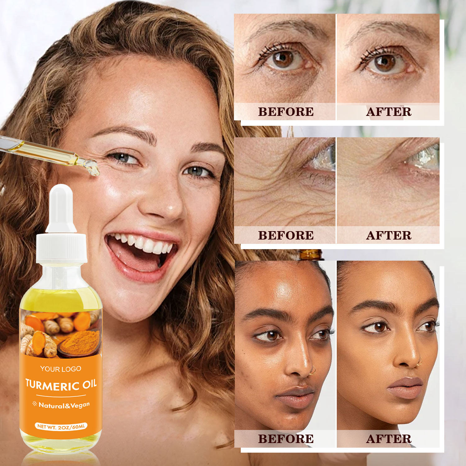 2oz (60ml) Private Label Turmeric Facial Serum Moisturizing Body Hair Oil Brightening Skin Pore Shrinking Main Olive Oil