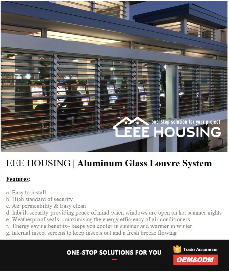 Factory Direct Supply Inbuilt Security Hurricane-Proof Aluminum Glass Louvered Window with Removable Screen, Jalousie Louvre