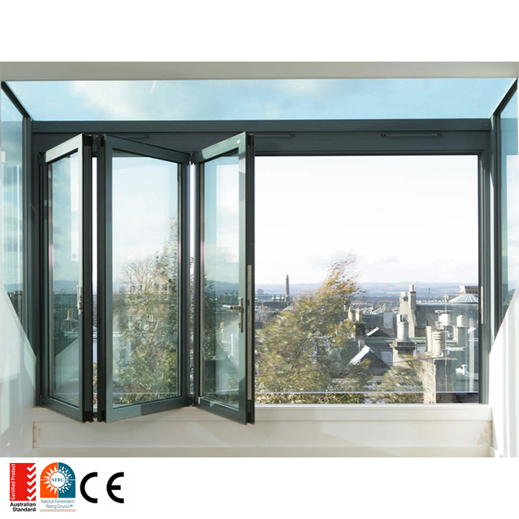 Fold up Black Aluminium Bifold Windows Double Glazed Glass Aluminum Balcony Vertical Folding Window with Inside Grill