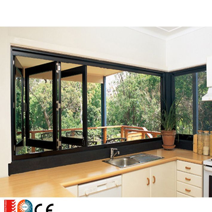 Fold up Black Aluminium Bifold Windows Double Glazed Glass Aluminum Balcony Vertical Folding Window with Inside Grill