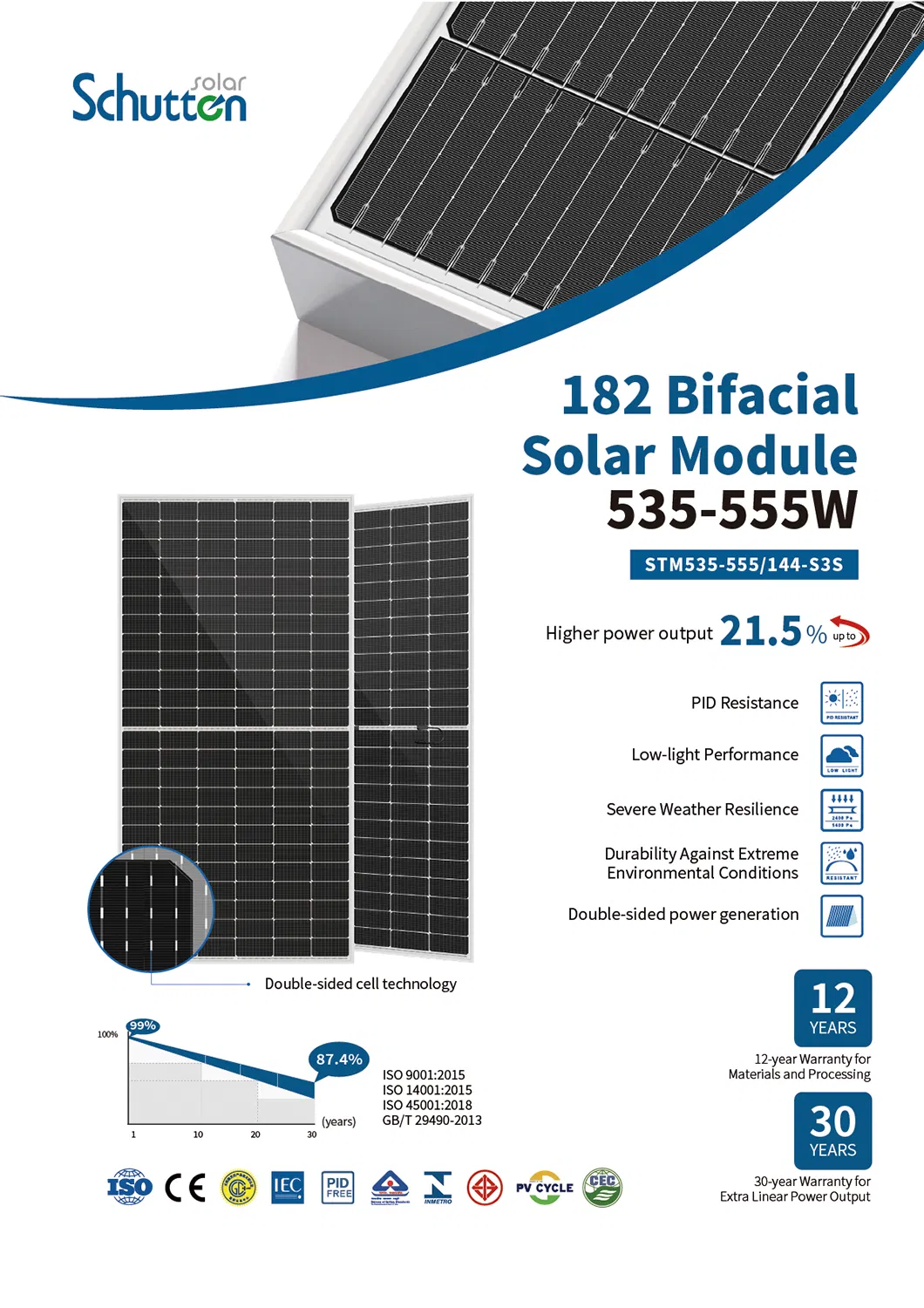 Módulo Solar Potente 535W Bifacial Perc 144 Meia Células
