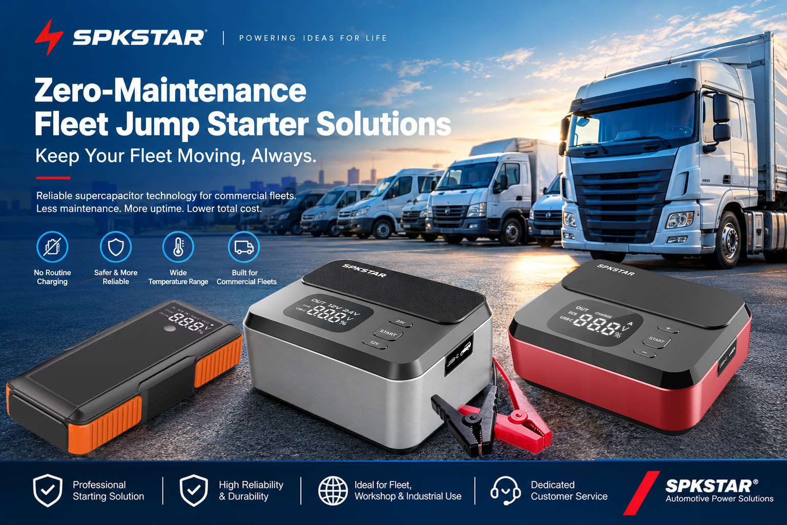 Zero maintenance fleet jump starter for commercial fleets