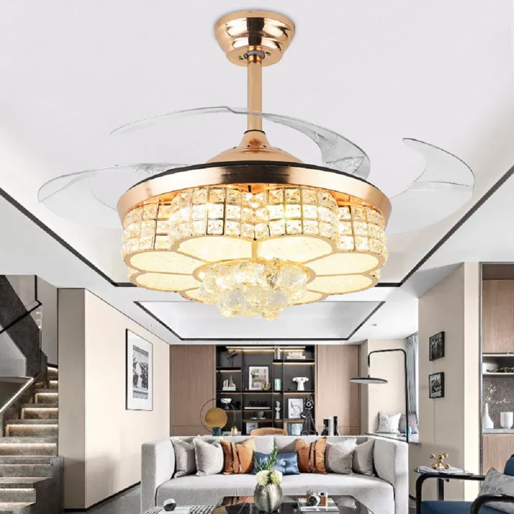 Luxury Hidden Blade Fan Crystal Chandeliers Home Light Remote 3-Speed Control Ceiling Lamp