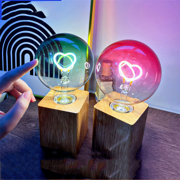 Romantic Wooden Base Love Bulb Night Light Glass Creative Table Lamp