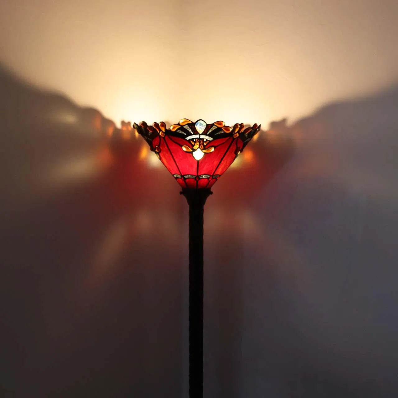 Wide Handmade Lampshade/Metal Base/Dark Brown/Baking Finish/Red Stained Glass Torchiere Floor Lamp