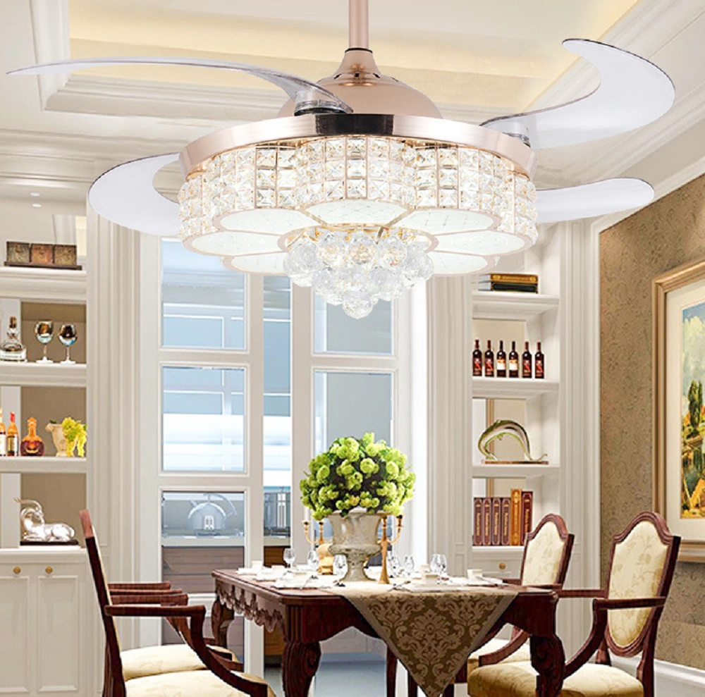 Luxury Hidden Blade Fan Crystal Chandeliers Home Light Remote 3-Speed Control Ceiling Lamp