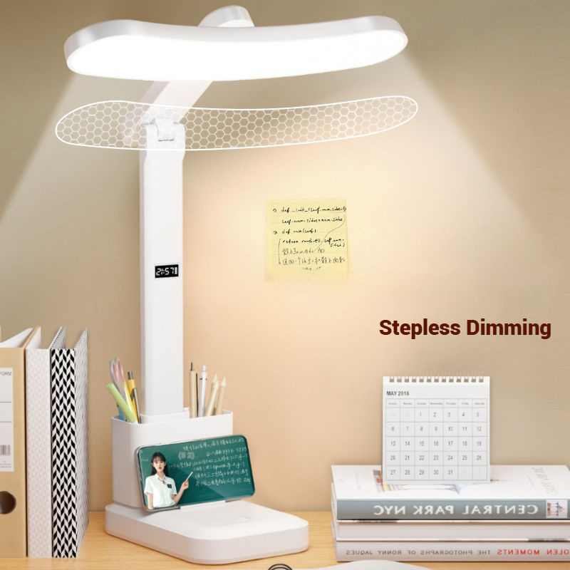 USB Charging LED Desk Lamp with Clock Power Display Multifunctional Folding Study Light Pen Holder Stand Table Lamp