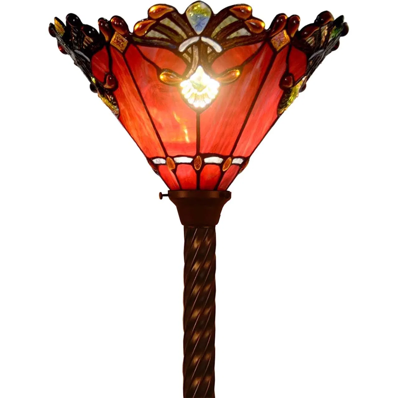 Wide Handmade Lampshade/Metal Base/Dark Brown/Baking Finish/Red Stained Glass Torchiere Floor Lamp