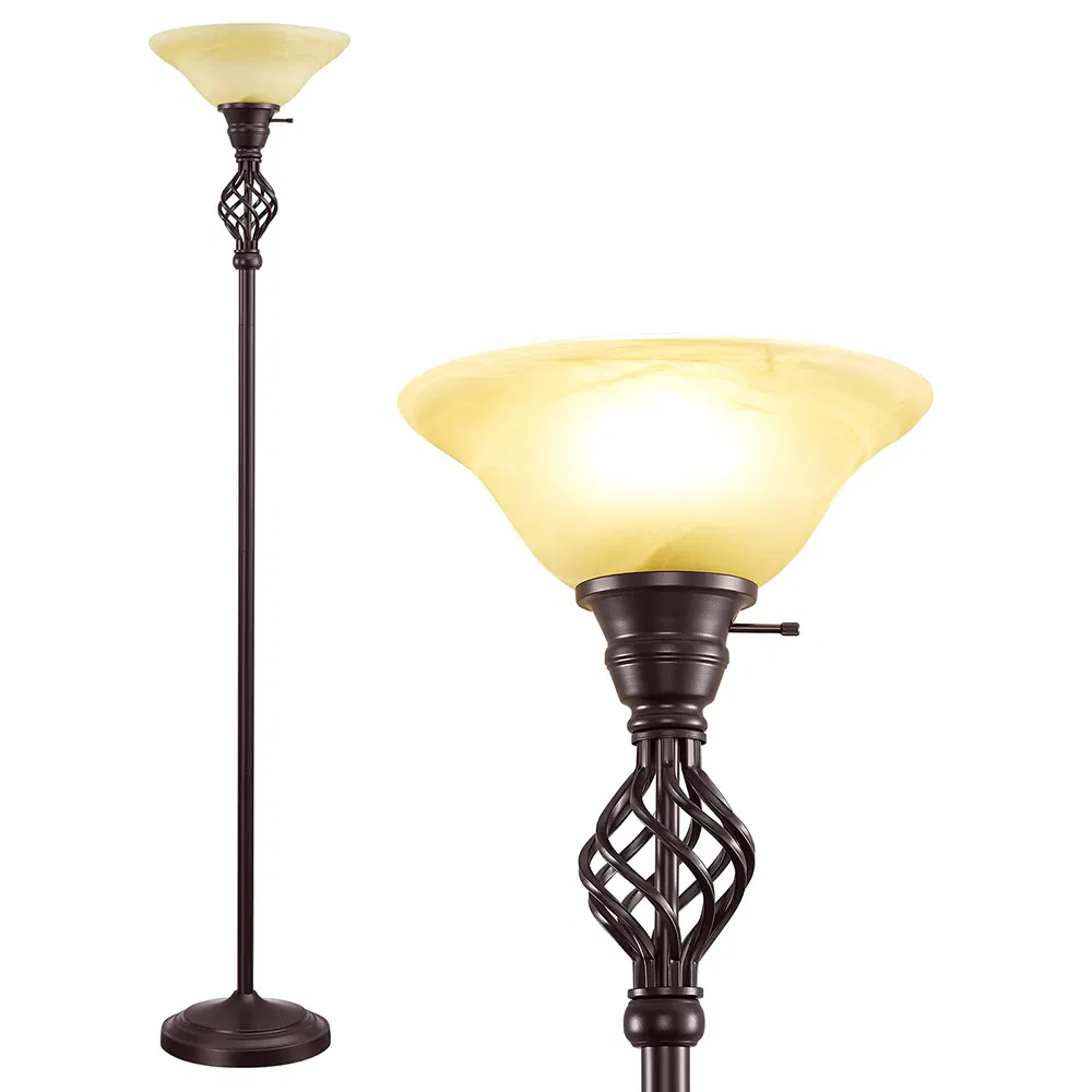 Torchiere LED Standing Reading Light Red Brown Glass Shade Dual Head Living Room Bedroom Home Office Corner Floor Lamp