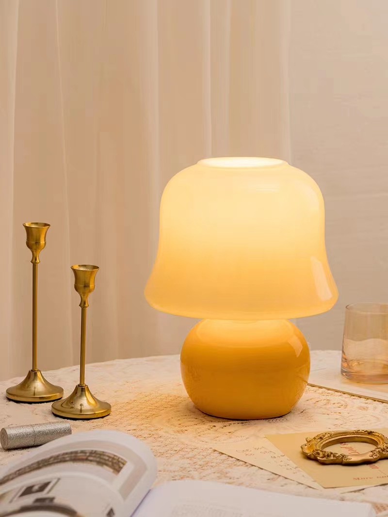 French Cream Vintage Glass Bedroom Beside Lamp Nordic Mushroom Lamp