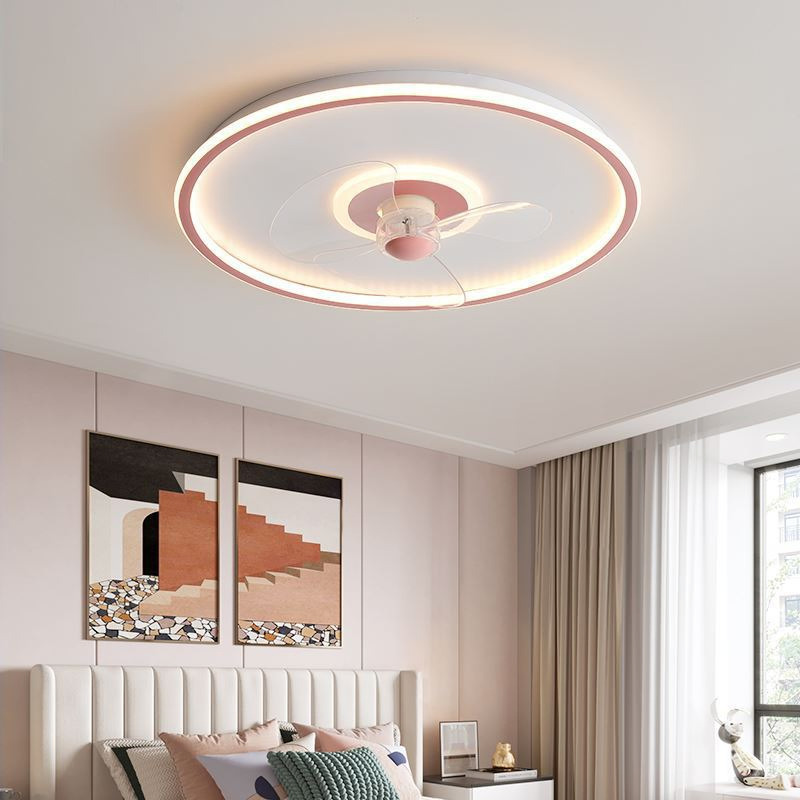 Smart Bedroom Fan Lamp Ceiling Round Macaron Ceiling Fan Lamp Household with Electric Fan Children Warm Cartoon Lamp