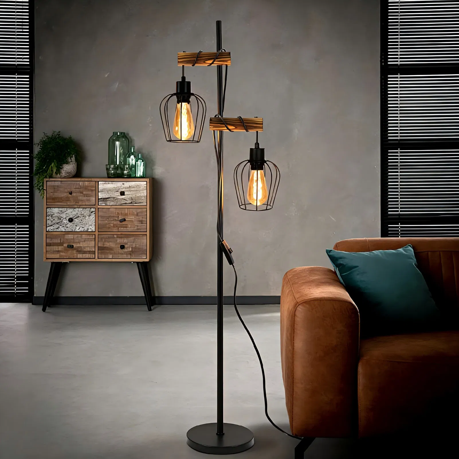 Vintage Floor Lamp Living Room Wooden Retro Floor Lamp in Industrial Design