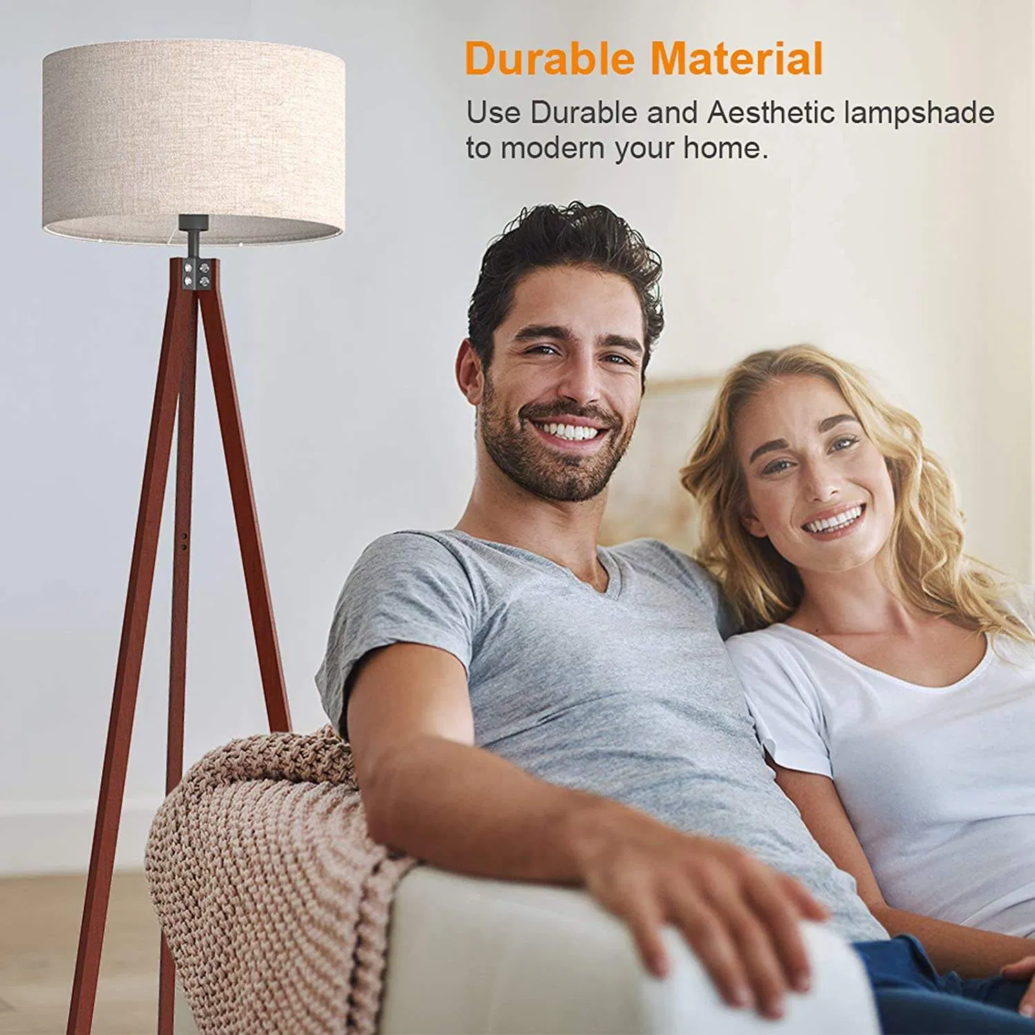 MID Century Glam Tripod Linen Black Wooden Bases Torchiere Floor Lamp