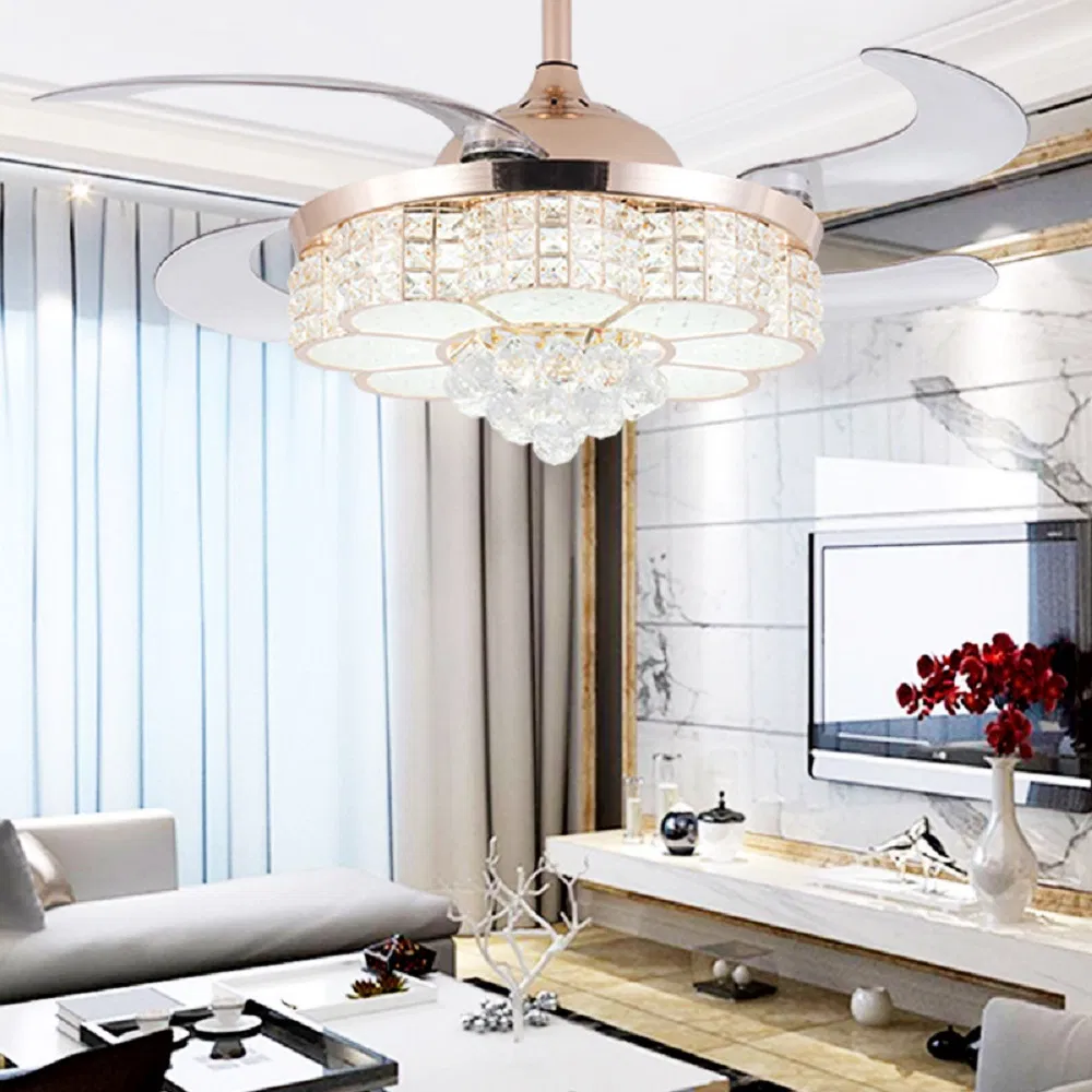 Luxury Hidden Blade Fan Crystal Chandeliers Home Light Remote 3-Speed Control Ceiling Lamp