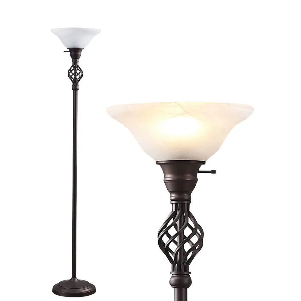 Torchiere LED Standing Reading Light Red Brown Glass Shade Dual Head Living Room Bedroom Home Office Corner Floor Lamp