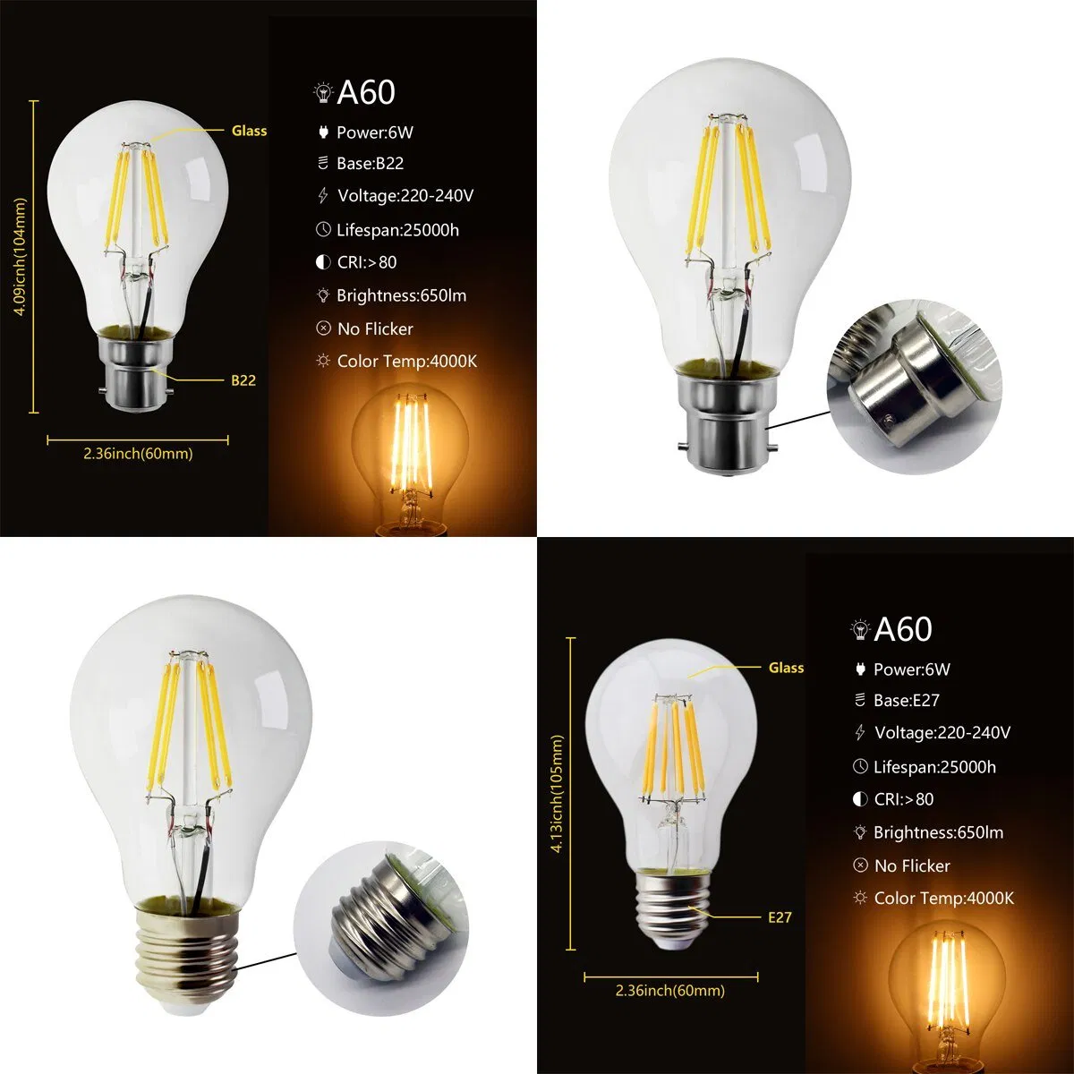 China Factory LED Vintage Retro Bulb A60 LED Filament Bulb Lamp Light for Indoor Decoration