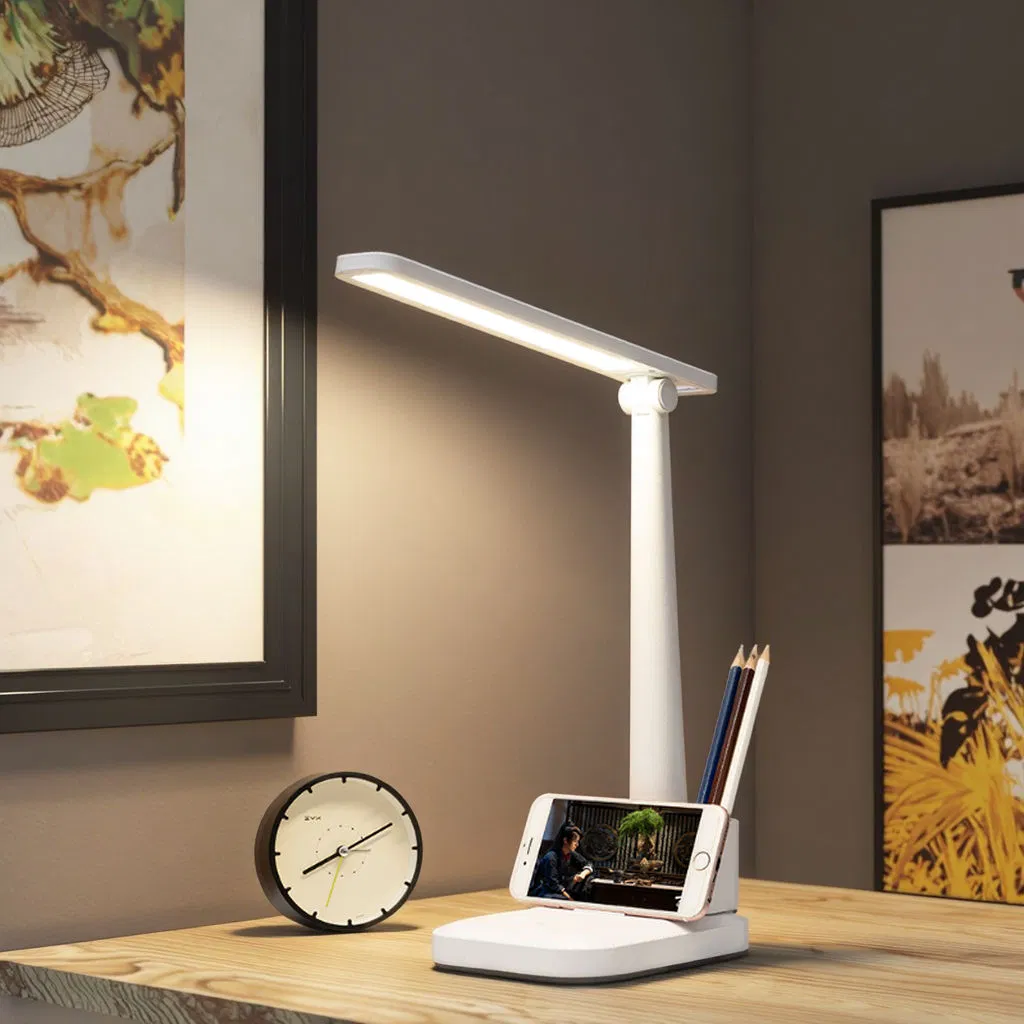 USB Plug in LED Study Table Lamp with Pen Holder Folding Adjustable Three-Color Temperature Learning Desk Lamp