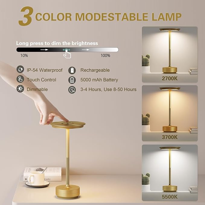 Restaurant Luxury Cordless Rechargeable Aluminum Metal Touch Hotel Bar Living Room Reading Decoration LED Table Lamp