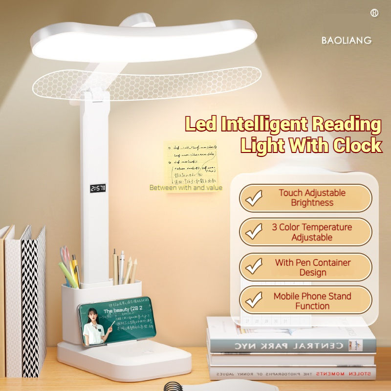 USB Charging LED Desk Lamp with Clock Power Display Multifunctional Folding Study Light Pen Holder Stand Table Lamp