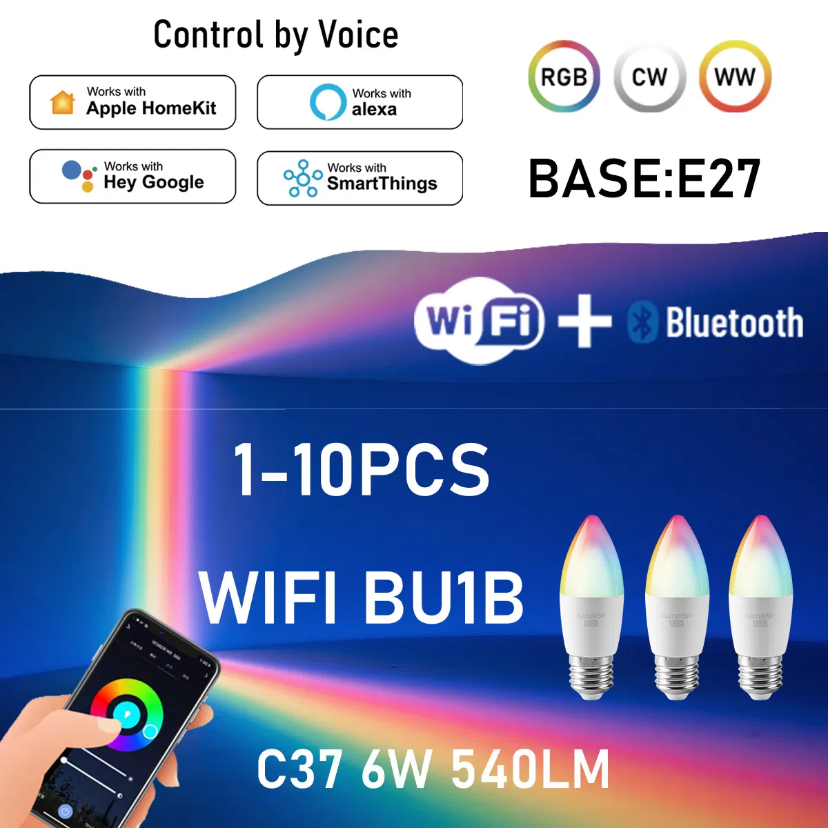 Hot Sale LED Smart Bulb C37 Candle 6W E27 85-265V LED Intelligent Lamp for Decoration Lighting Alex Google Home