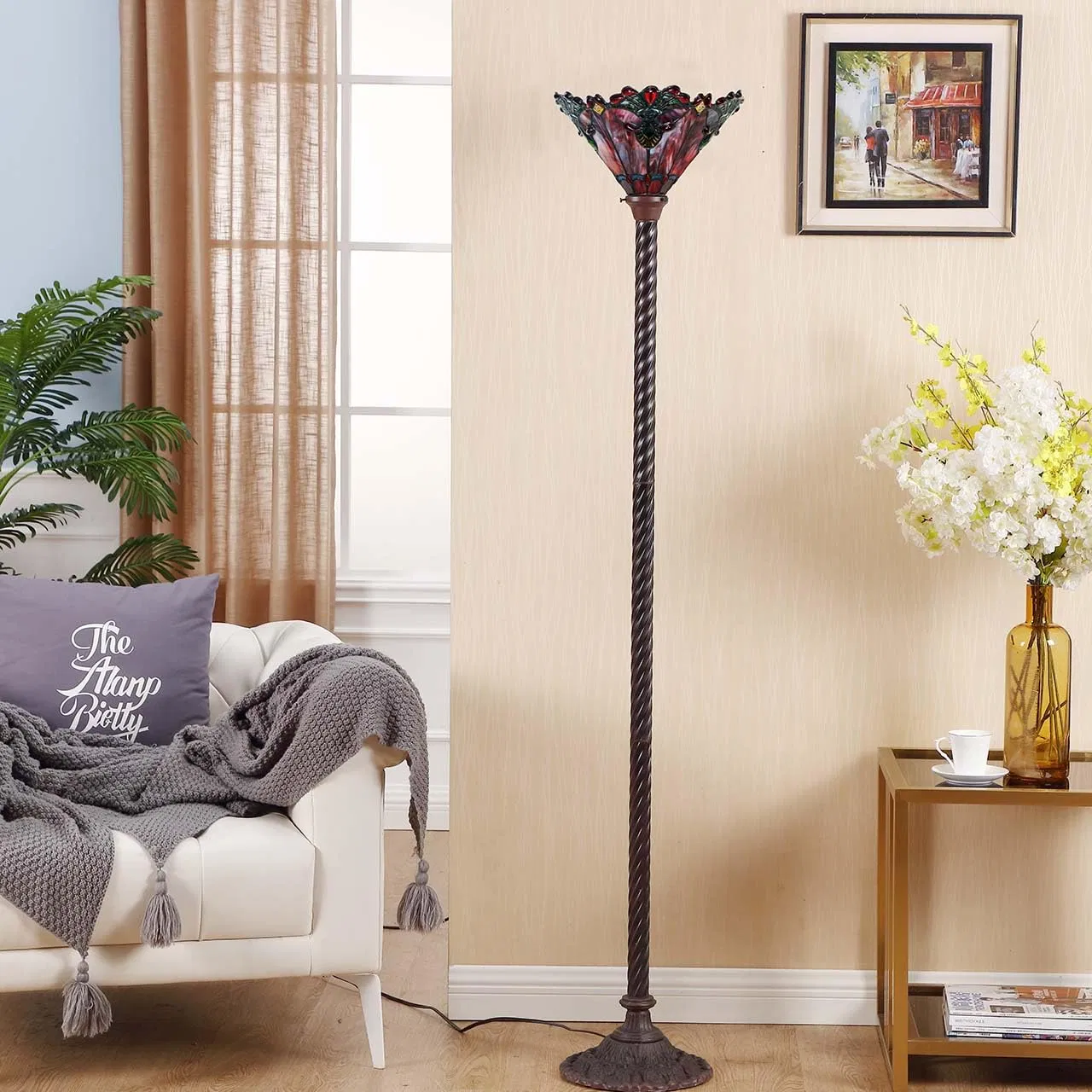 Wide Handmade Lampshade/Metal Base/Dark Brown/Baking Finish/Red Stained Glass Torchiere Floor Lamp