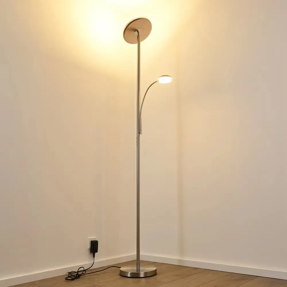 Modern Brushed Nickel Steel Dimmable Mother and Son Energy-Efficient LED Metal Torchiere Floor Lamp with Reading Light