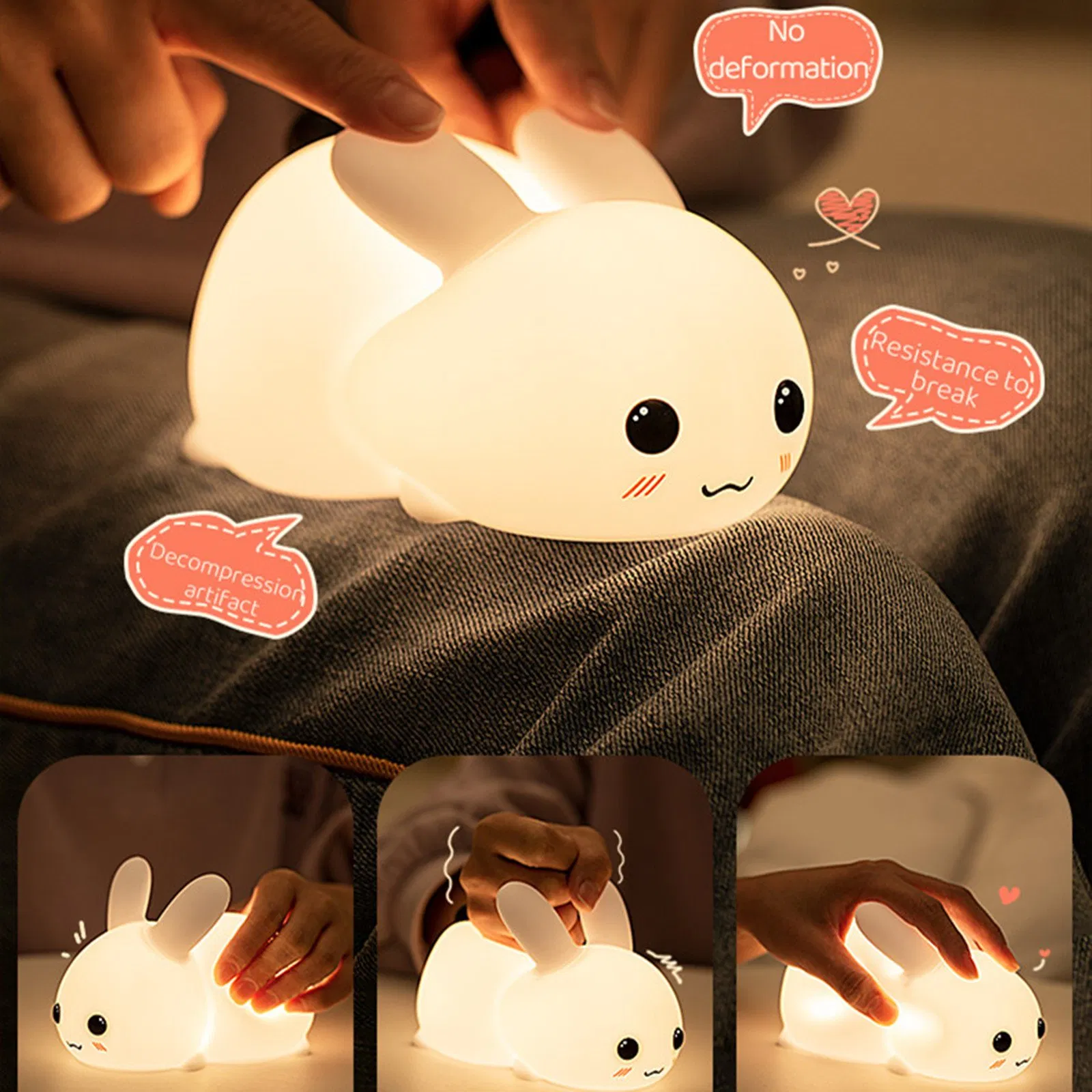 Yd001cute Cartoon Dimmable Beside Lampled Christmas Silicone Lie Jade Rabbit Night Lamp
