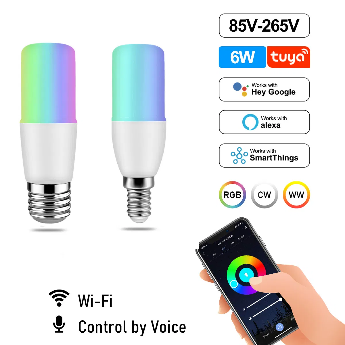 New Product Amazon WiFi Tuya Smart Bulb Light T37 6W E27 E14 85-265V RGB Colorful LED Lamp with Alexa and Google Home for Indoor Lighting and Decoration