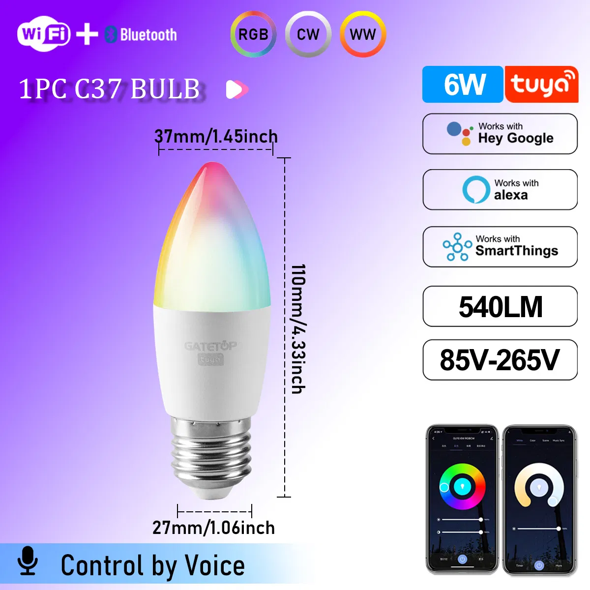 Hot Sale LED Smart Bulb C37 Candle 6W E27 85-265V LED Intelligent Lamp for Decoration Lighting Alex Google Home