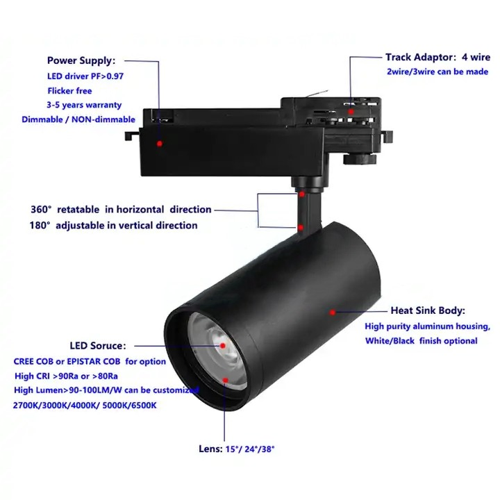 China Supplier 9W 15W Aluminum Black Track Light Spotlight Indoor Lighting