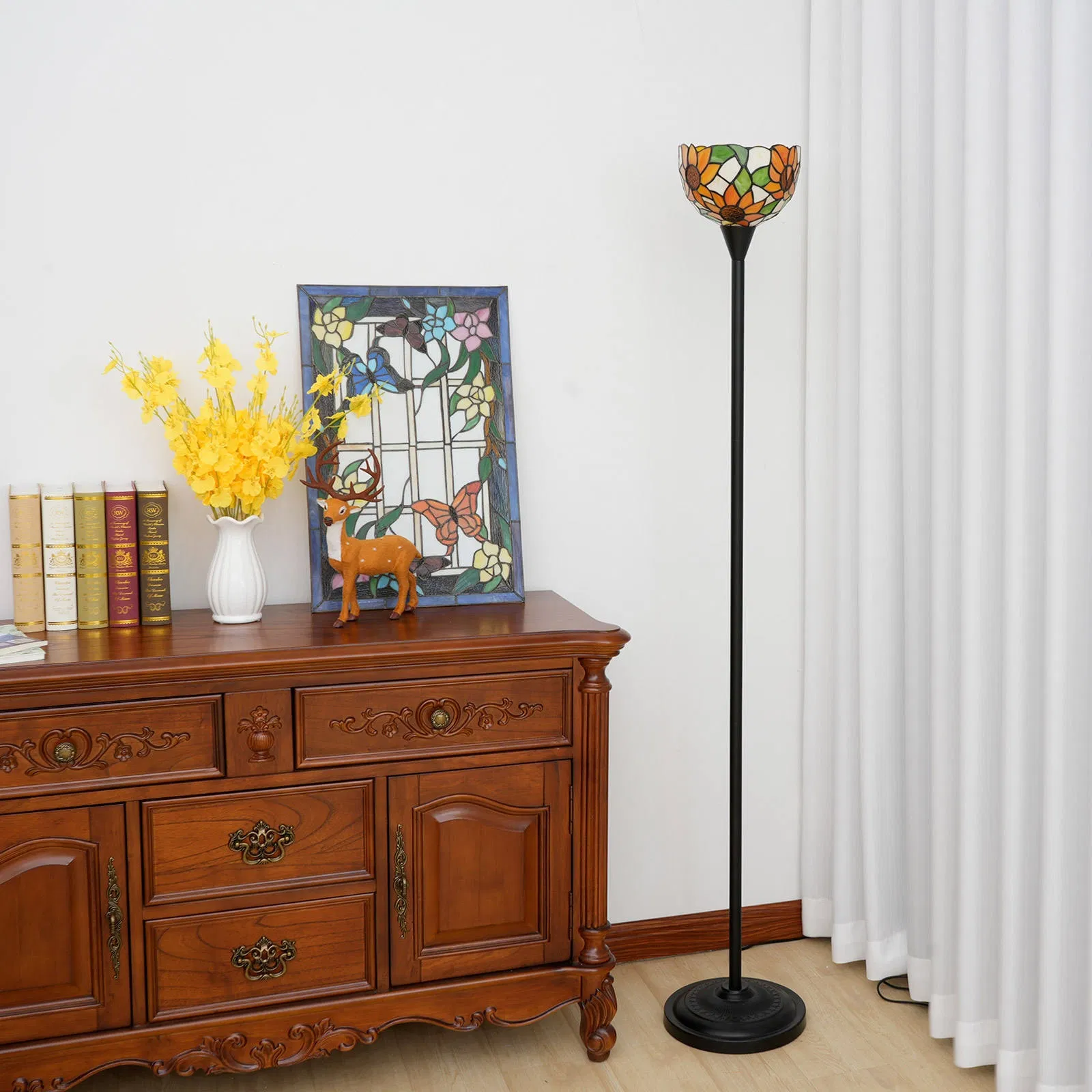 Tiffany Torchiere Standing Light Industrial Style Sunflower Stained Glass Chinese Floor Lamp for Living Room Bedroom