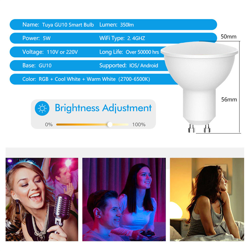 Tuya Zigbee GU10 Smart LED Bulb Light 220V 110V WiFi Spotlights RGB Cw Ww Dimmable Lamps Work with Alexa Google Home Smartthings