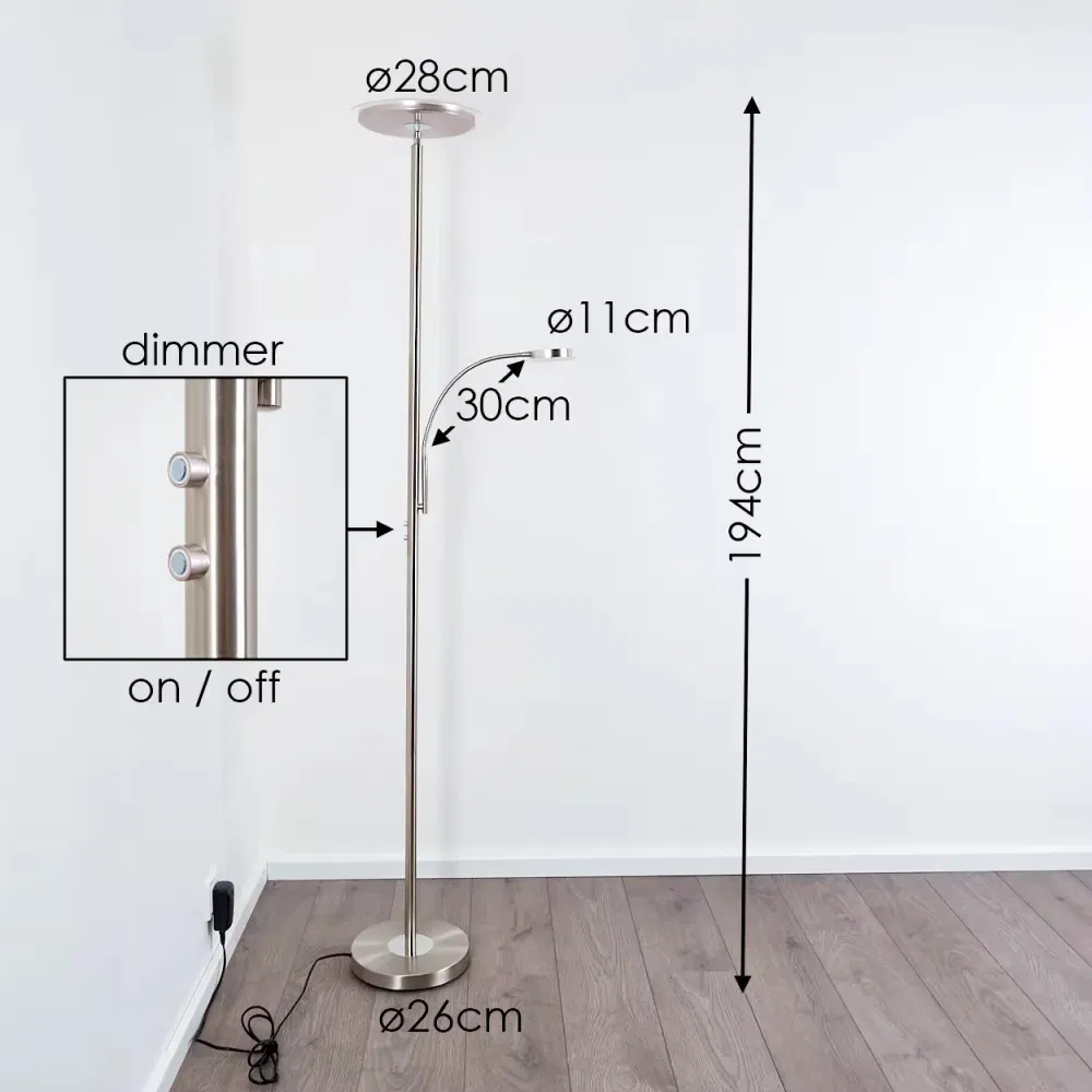 Modern Brushed Nickel Steel Dimmable Mother and Son Energy-Efficient LED Metal Torchiere Floor Lamp with Reading Light