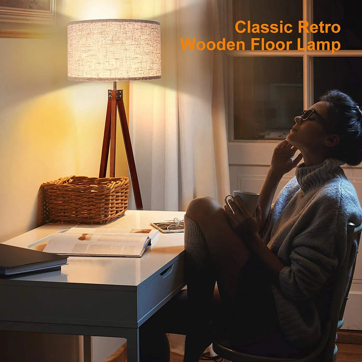 MID Century Glam Tripod Linen Black Wooden Bases Torchiere Floor Lamp