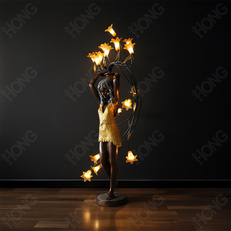 Bronze Girl Sculpture Floor Lamp with Flower Shape Lights for Home Decoration