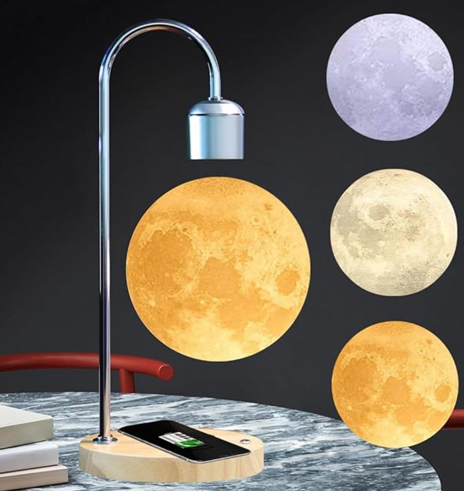 Levitating Moon Lamp with 10W Wireless Phone Charger with Changeable 3 Colors 3D Moon Touch Control Levitation Mood Night Light for Christmas Gift