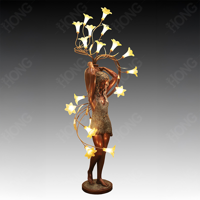 Bronze Girl Sculpture Floor Lamp with Flower Shape Lights for Home Decoration