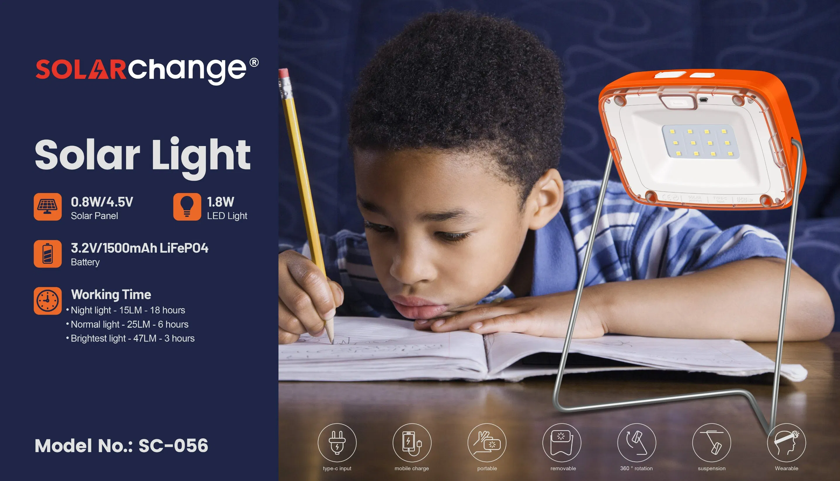 Portable 1.8W Superbright Solar Lamp for Childern Reading in Night