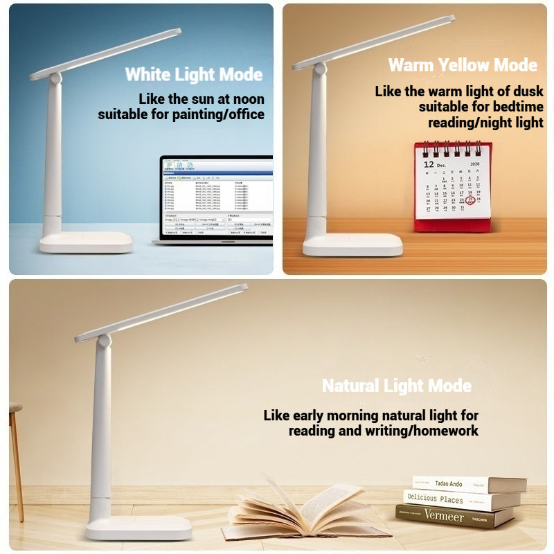 USB Plug in LED Study Table Lamp with Pen Holder Folding Adjustable Three-Color Temperature Learning Desk Lamp