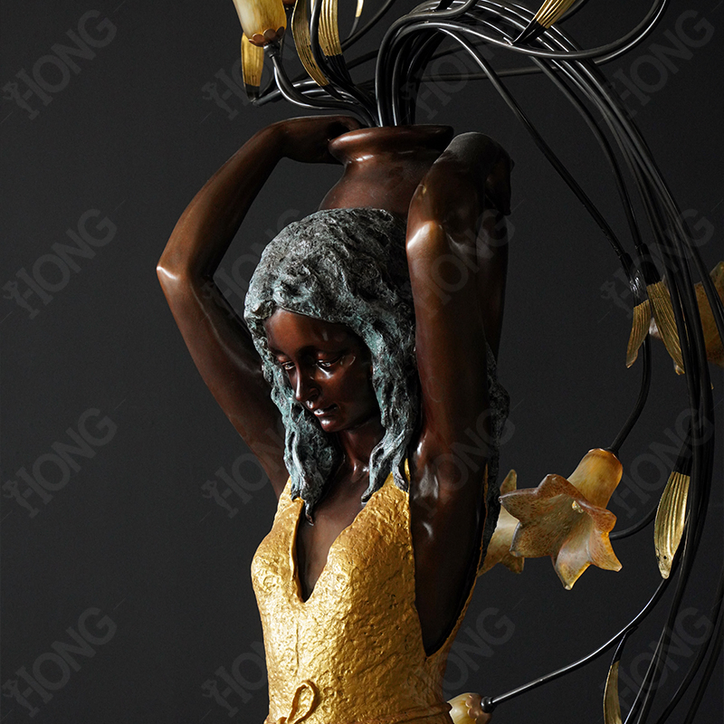 Bronze Girl Sculpture Floor Lamp with Flower Shape Lights for Home Decoration