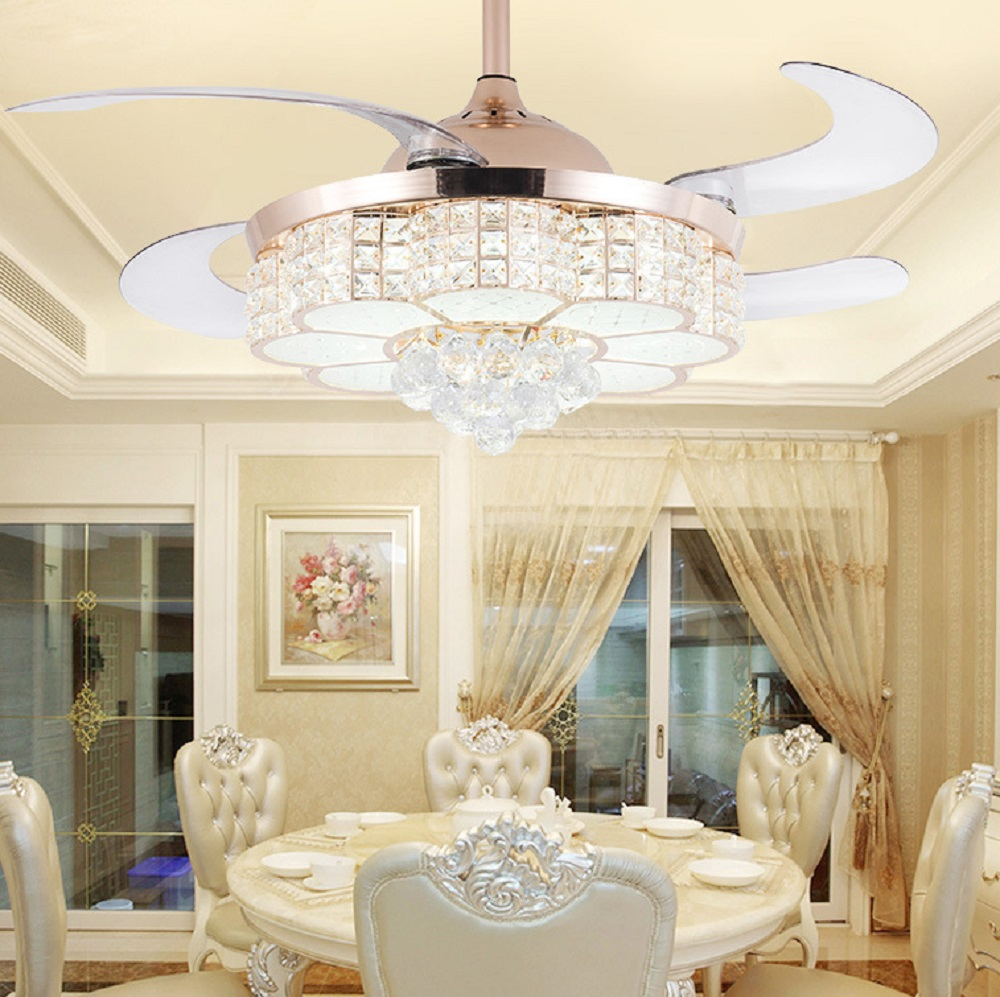 Luxury Hidden Blade Fan Crystal Chandeliers Home Light Remote 3-Speed Control Ceiling Lamp