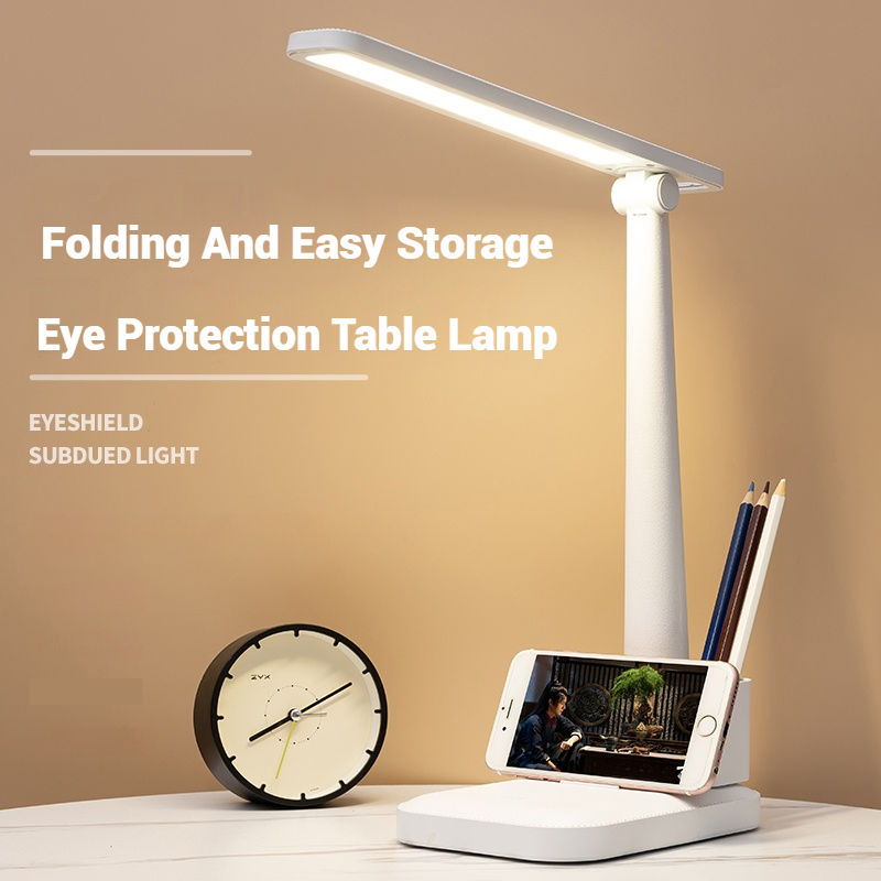 USB Plug in LED Study Table Lamp with Pen Holder Folding Adjustable Three-Color Temperature Learning Desk Lamp