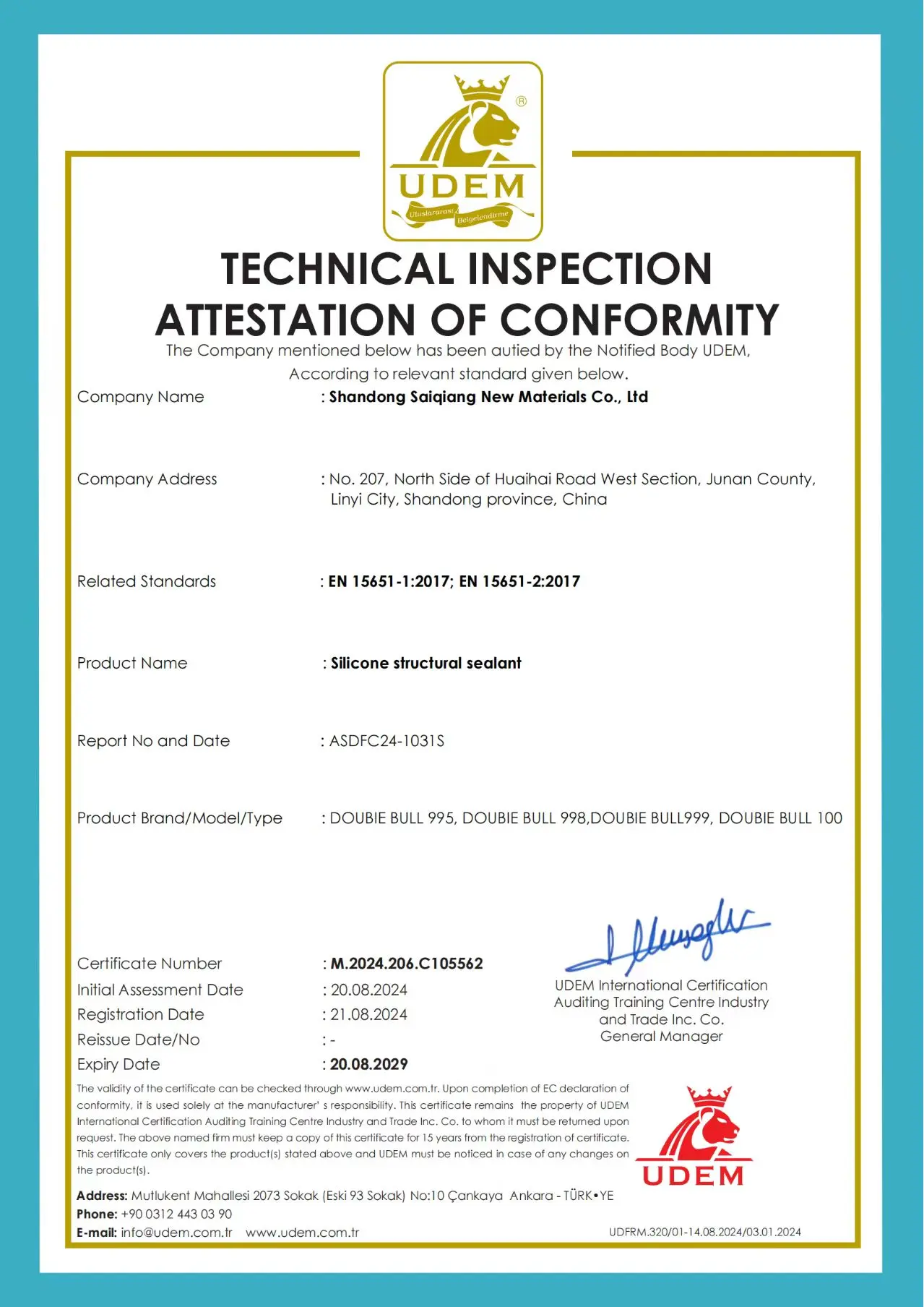 CE Certificate EN15651 for Saiqiang silicone sealant