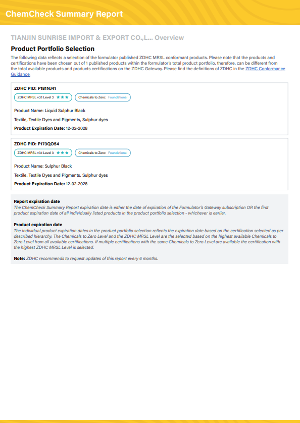 Quality assurance certification for Sunrise Chem dyestuffs